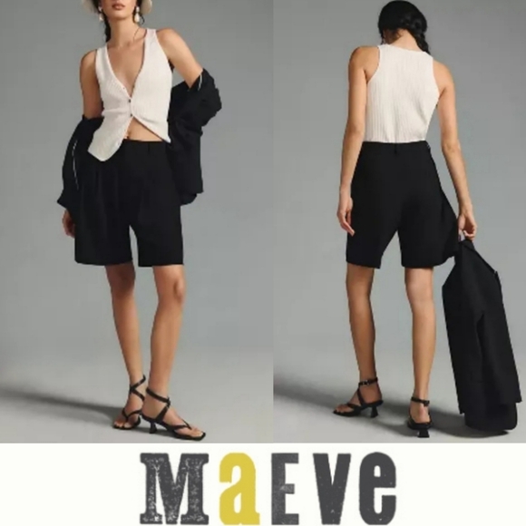 Maeve Pants - Maeve Anthropologie Avery High Rise High Waist Black Pleated Shorts Fluid Leg 6